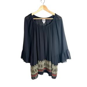 Ivy Jane Women's Black Flowy Sheer Embroidered Boho Tunic Blouse Size XS